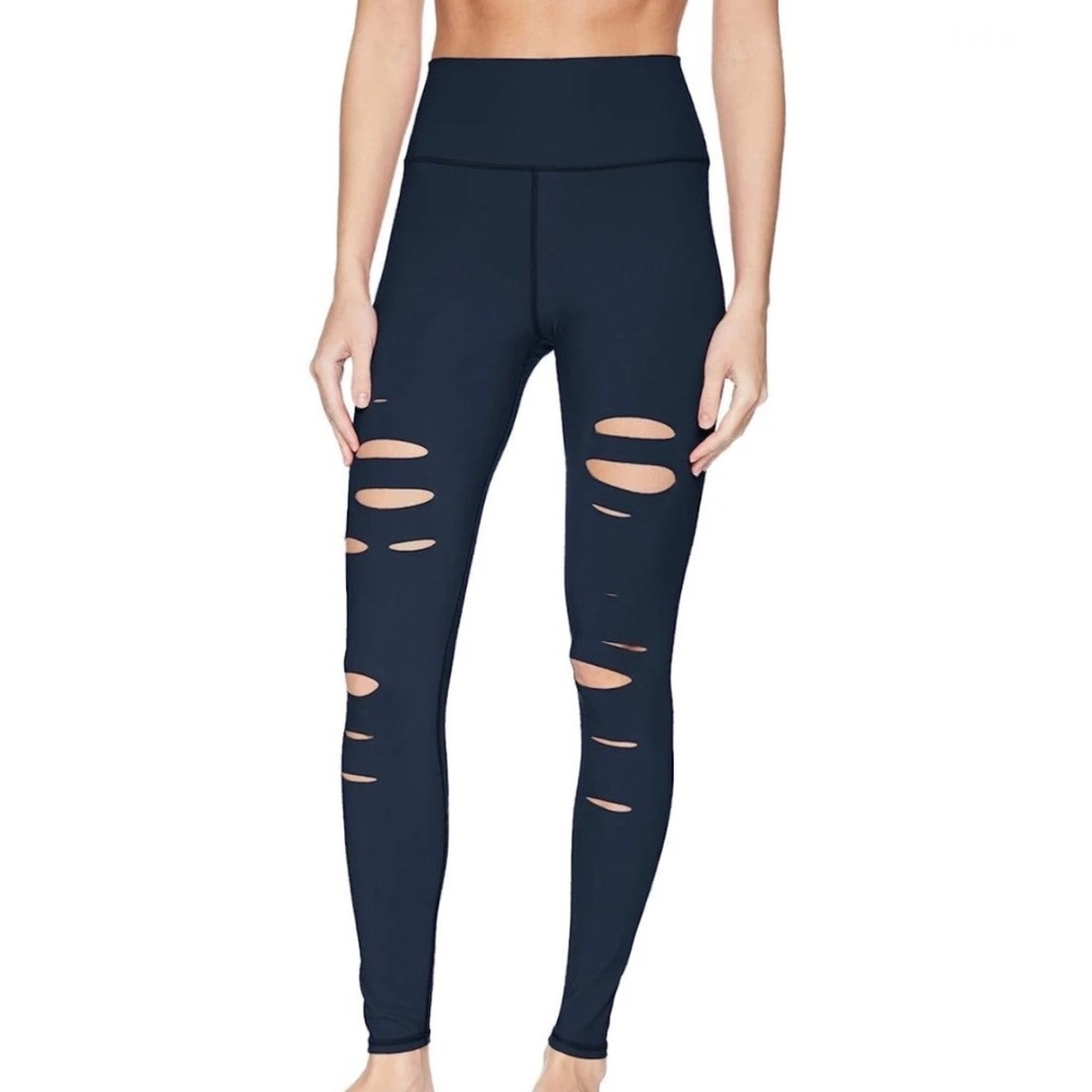 ALO YOGA Rich Navy Ripped‎ Warrior High Waisted Leggings Size SMALL